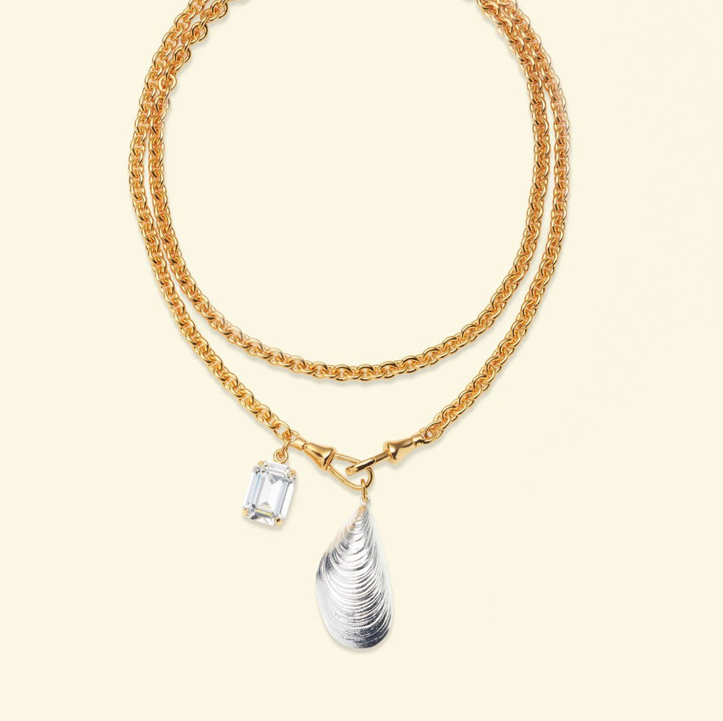 Lovers necklace with Silver mussel/Strass